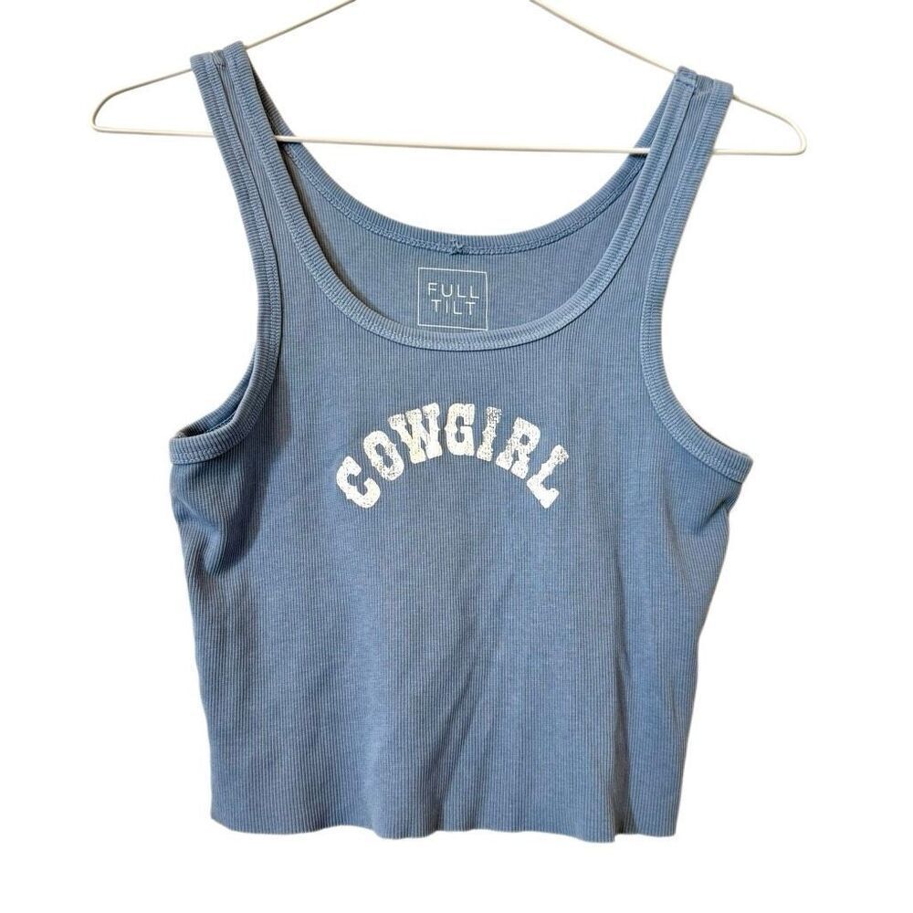 Full Tilt Cowgirl Print Ribbed Cotton Blend Stretch Cropped Tank Sky Blue Small